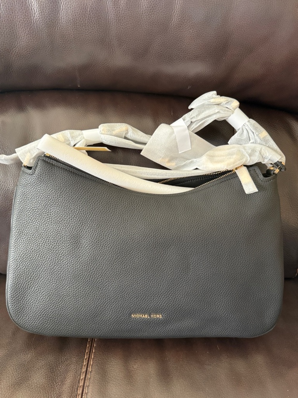 Michael Kors Nolita md Black Pebbled Leather Hobo Shoulder Bag with Gold Logo